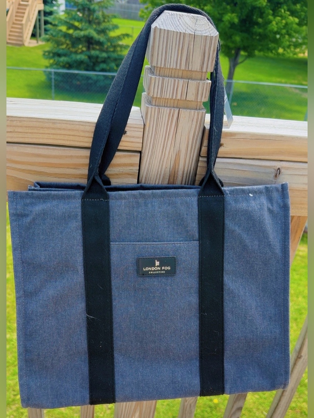 London Fog Denim Blue Canvas Tote Bag NWT Black Straps